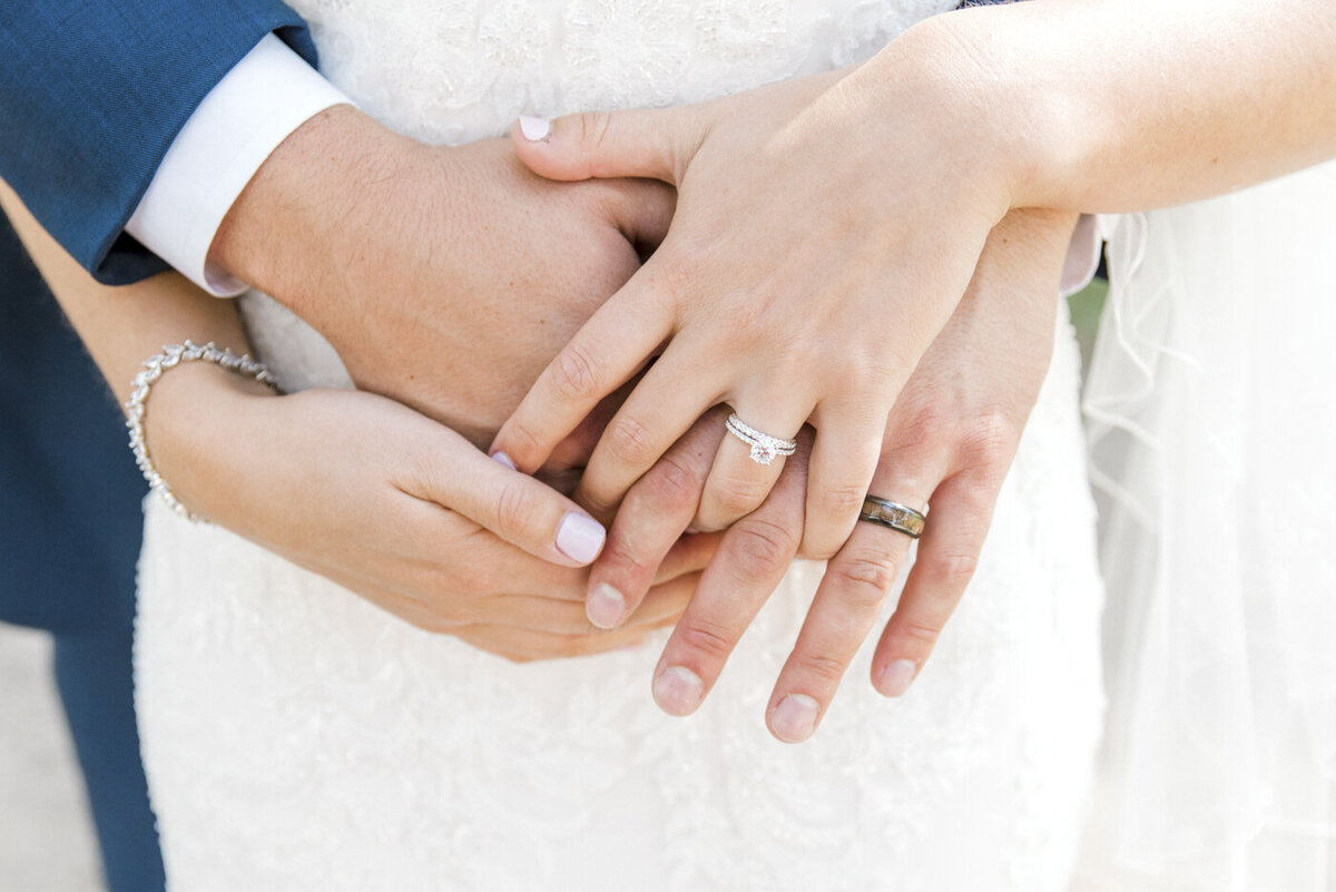 close shot of bride and groom's hands with rings