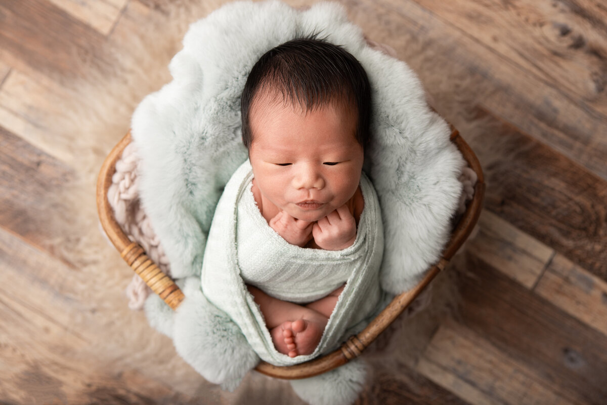 Mint wrapped newborn in a bamboo basket