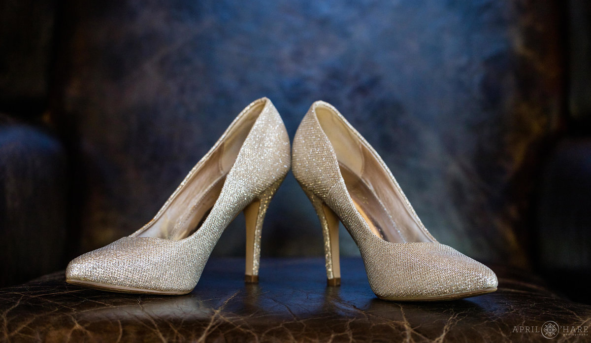 Pretty gold sparkly high heels at a Colorado mountain Wedding in Breckenridge