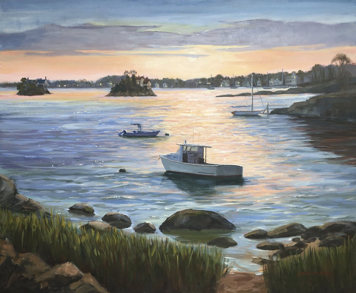 Painting of sunset at Stony Creek looking out toward the water with pink, oranges and yellow sky, boats are in the water, 30 x 40" acrylic painting, by Linda Marino