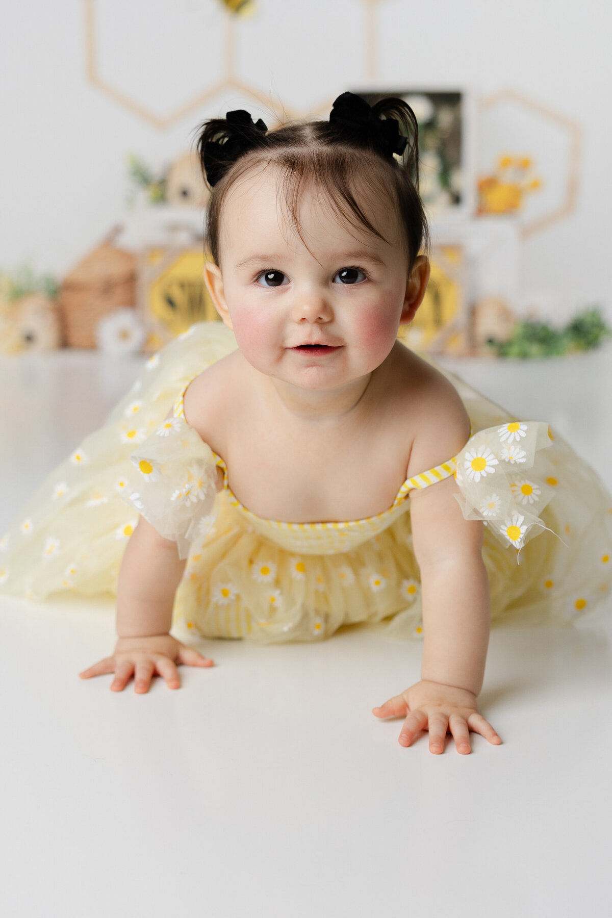 With daisies on her dress and sunshine in her smile, this little one lit up her first birthday session. Captured by Yucaipa cake smash photographer Kaitlyn Dawn Photography.
