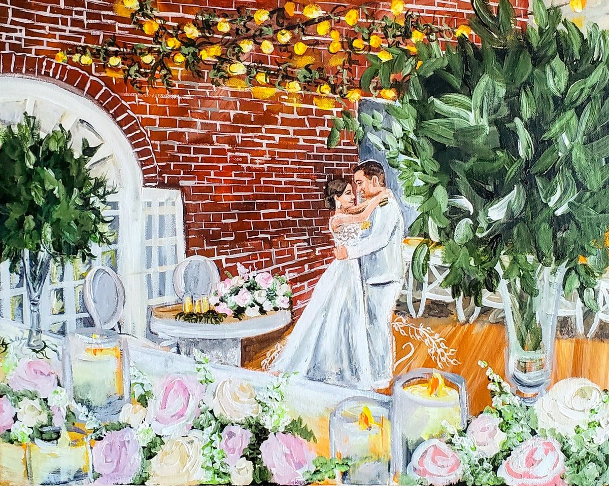 Naval Academy live wedding painting in Annapolis. Naval office groom and his bride share their first dance.