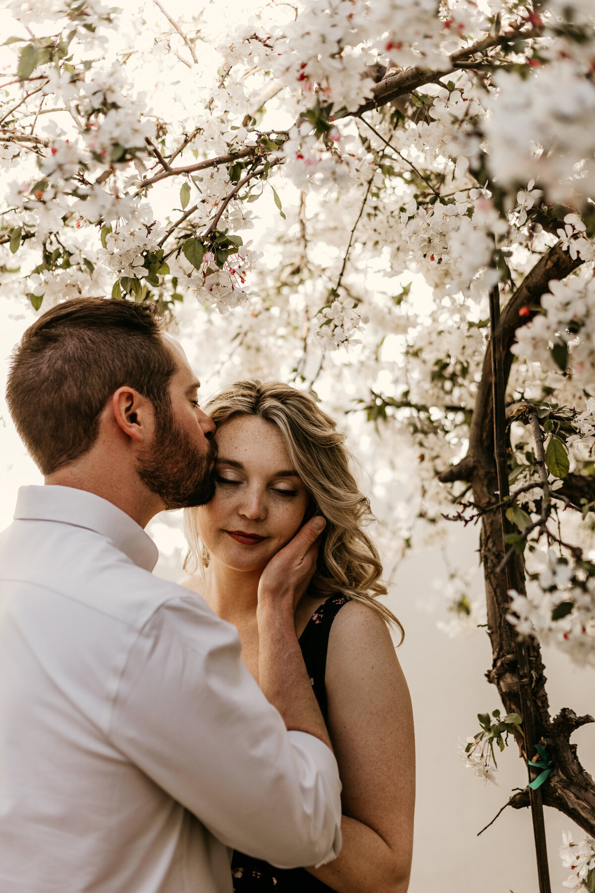 man kissing woman on her temple with spring blooms all around