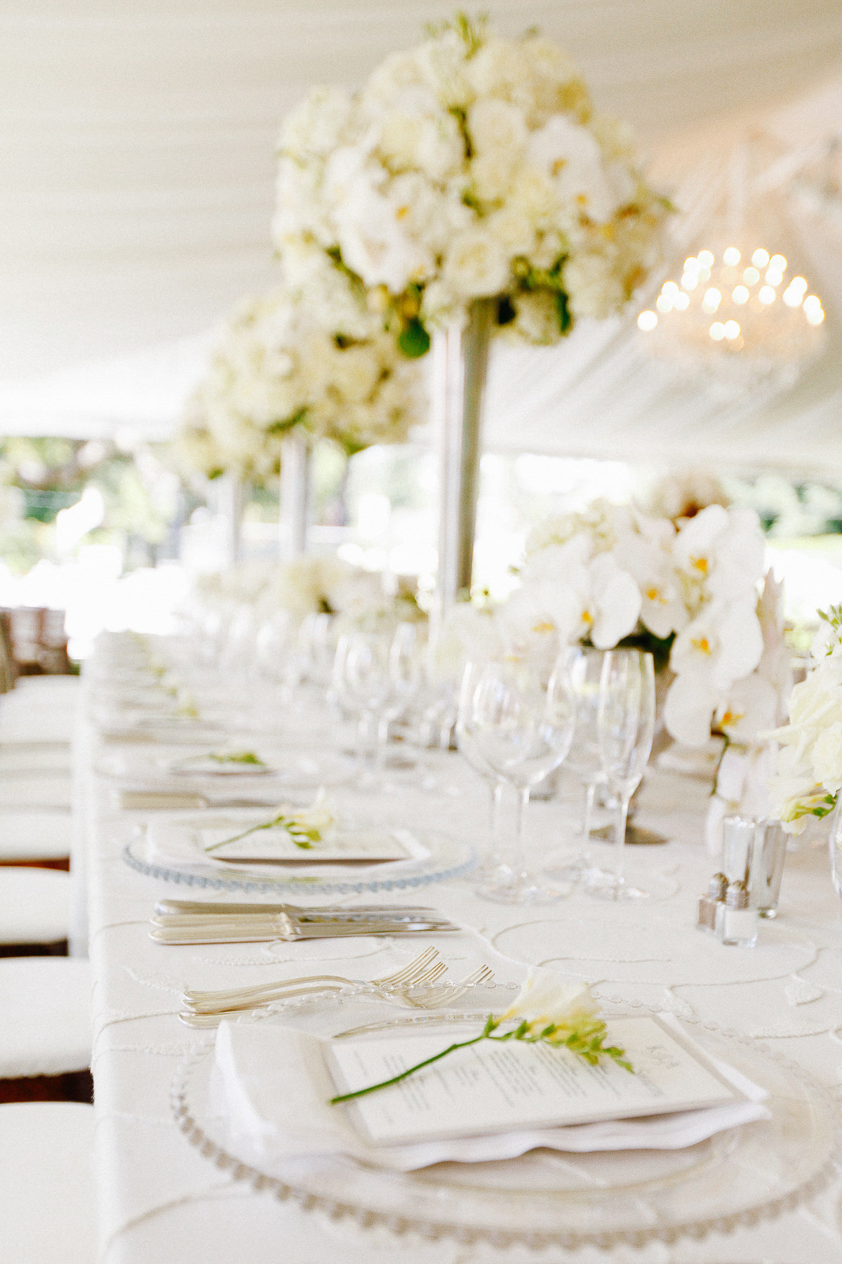 An all white wedding tabletop.