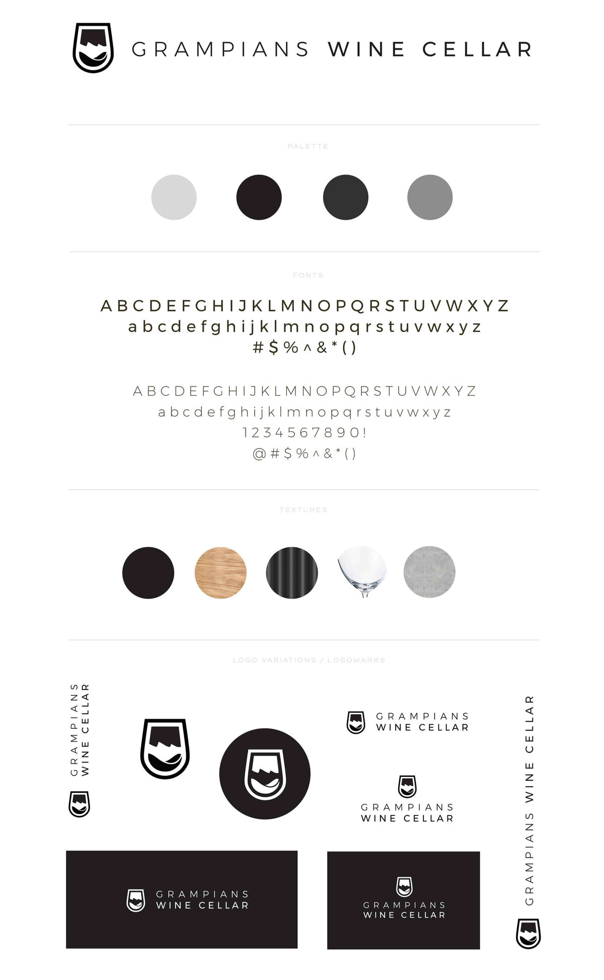Grampians wine Cellar brand guidelines black and white colour palette, simple fonts, textures,  and logo variations