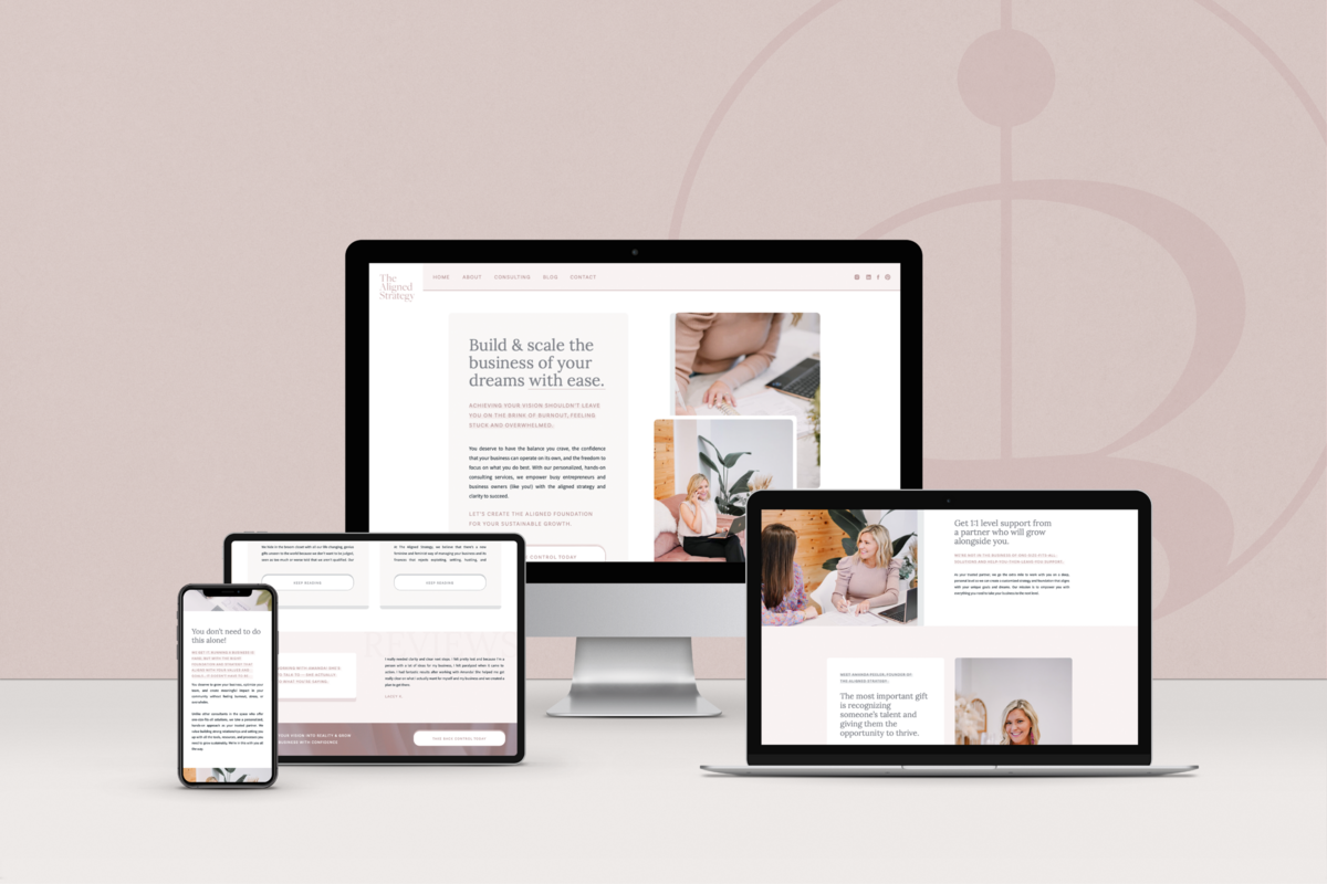 Mockup of clean, modern website shown on phone, tablet, laptop, and desktop with pink background, designed by woman-owned brand agency Liberty Type in Knoxville