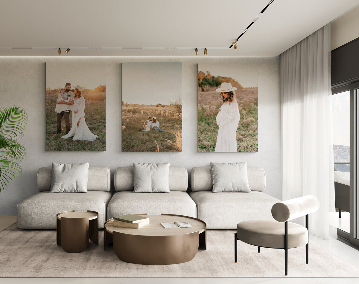 Stunning artwork examples of a beautifully designed living room with maternity photos hanging from this Orlando Maternity photoshoot.