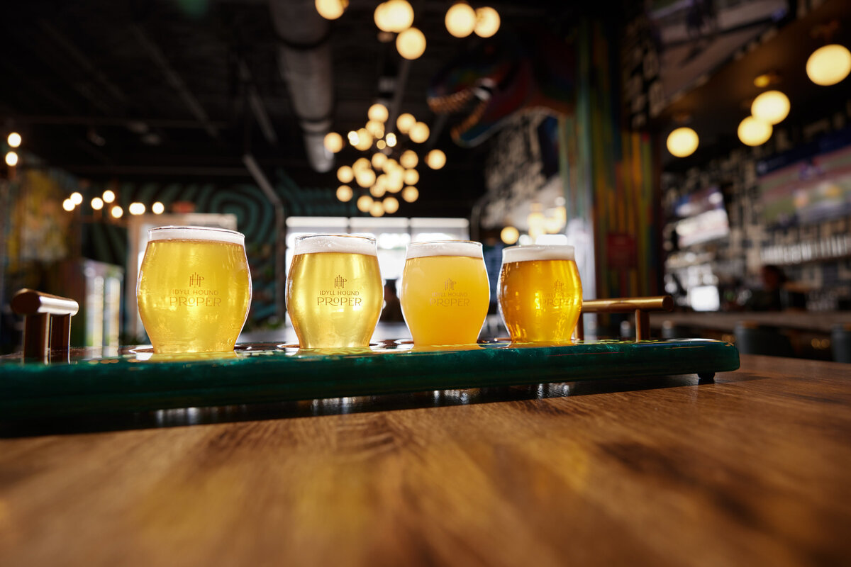 A flight of beer on a bar