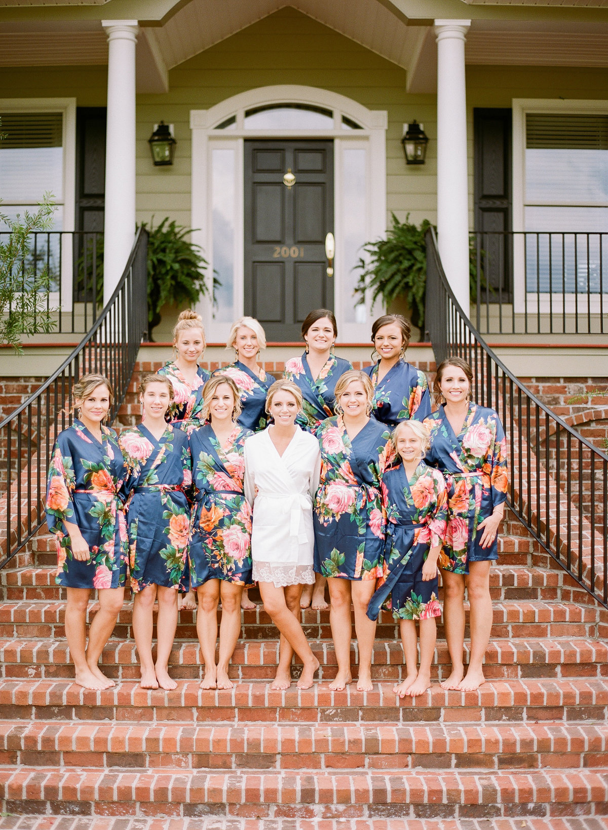 Bride Alexis and Bridesmaids in Navy Blue Floral Robes Getting Ready Charleston Wedding