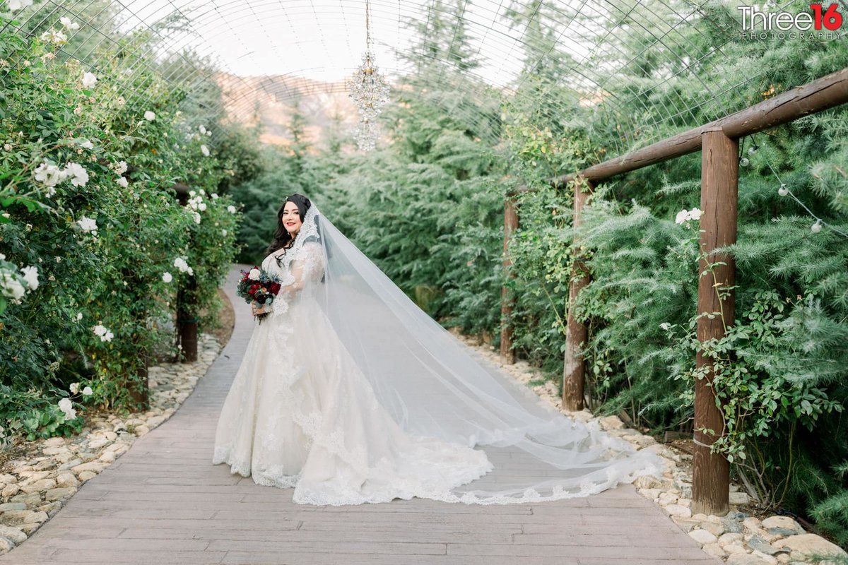 Bride poses for photographer with her veil flowing in the wind