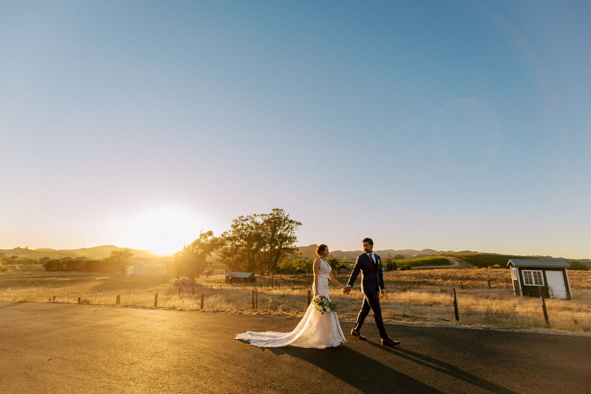 bride and groom walking next to napa vineyard