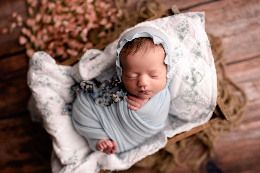 Brighton Newborn Photography on blue bed by For The Love Of Photography