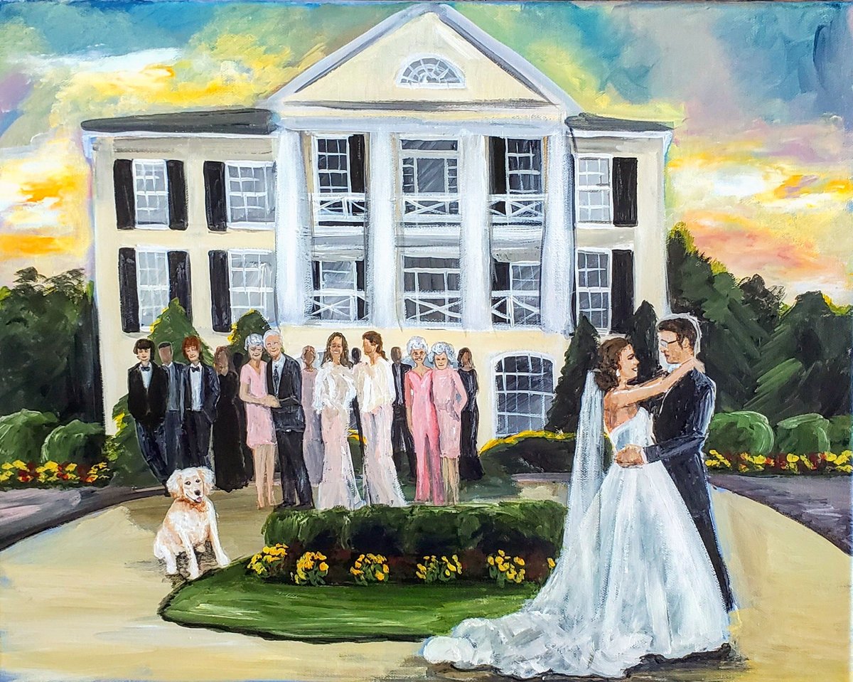 Bride and groom and family and dog in sunset wedding painting