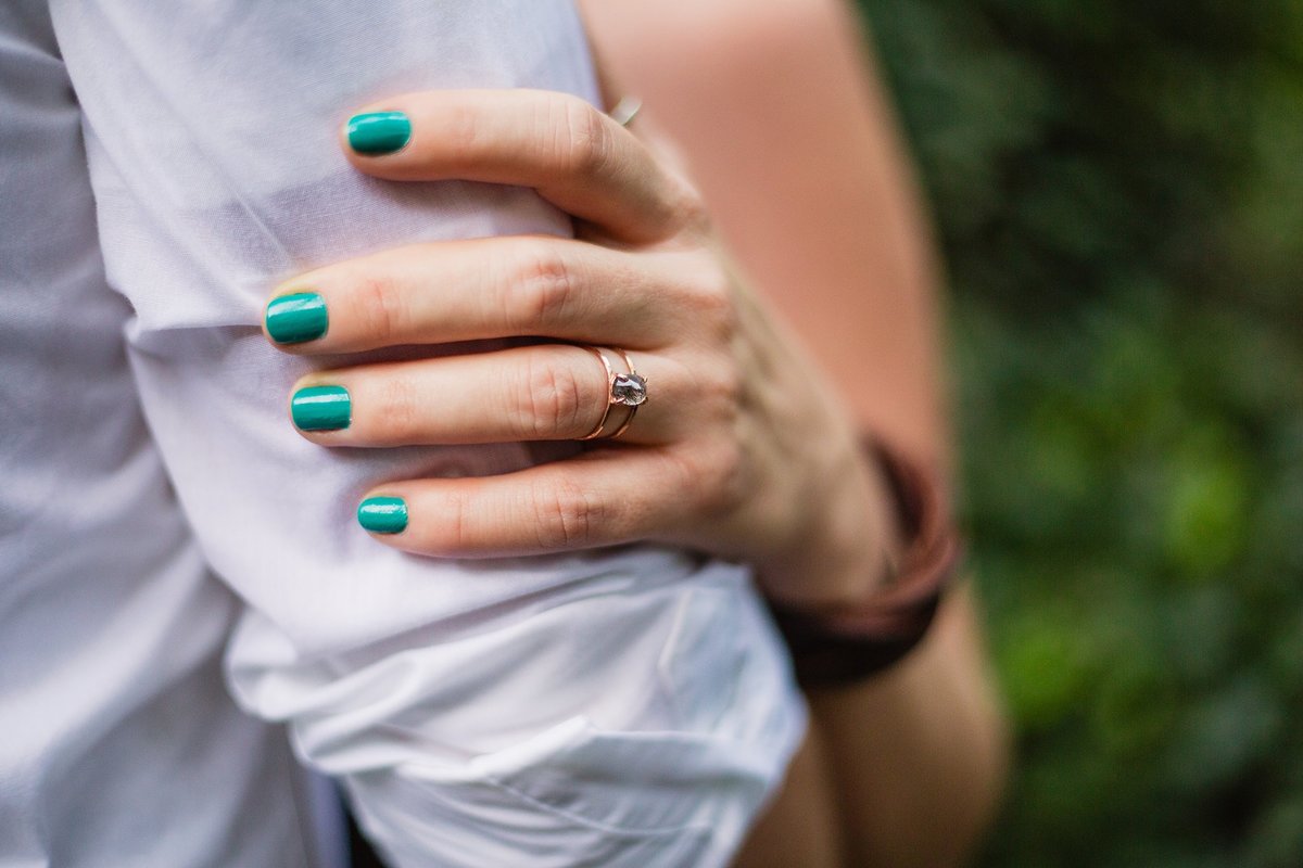 Alternative engagement ring on hand during an engagement session by Phoenix engagement photographer PMA Photography.