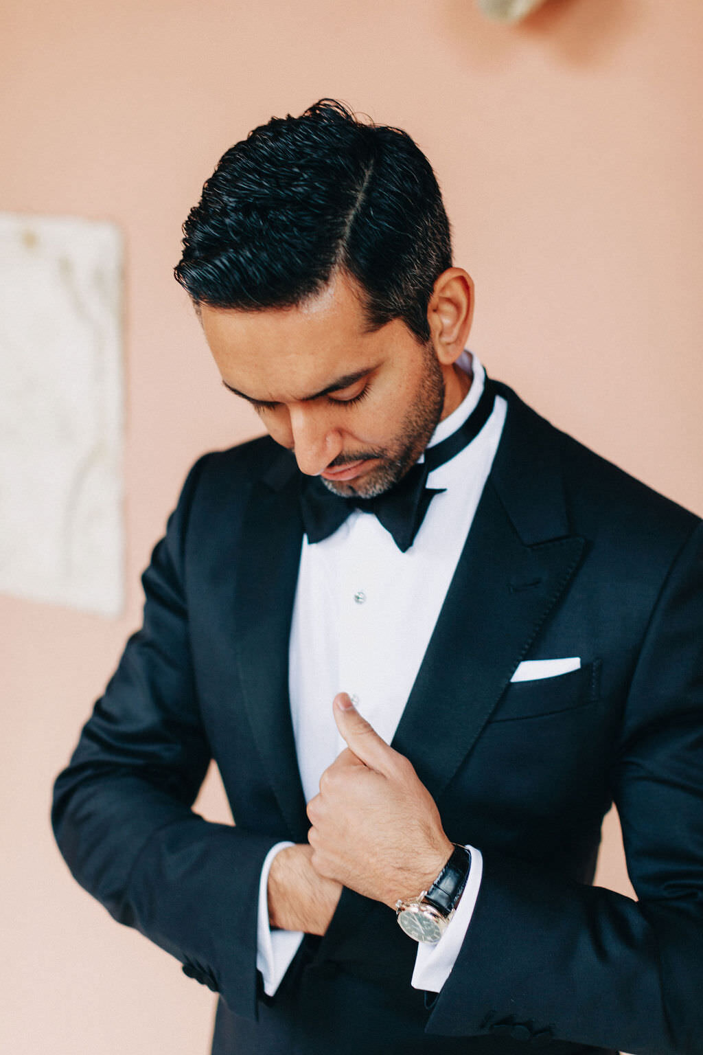 Groom in a tux at a black tie wedding at Glenmere Mansion with Hudson Valley wedding planner Canvas Weddings