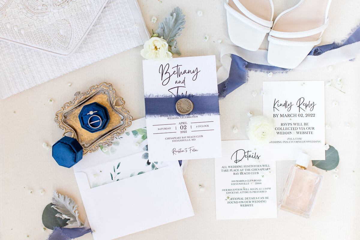 wedding invitation suite blue gold accents