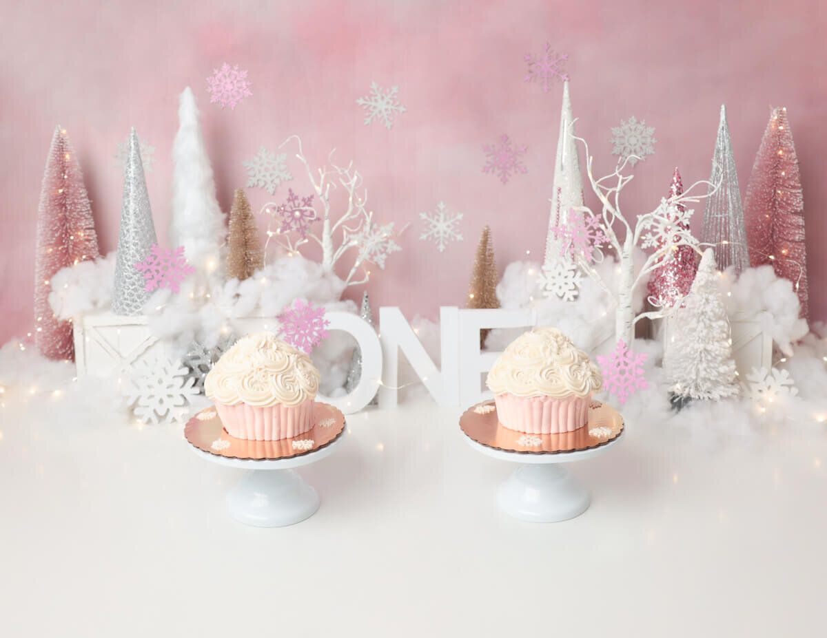 Delightful winter cake smash photography  with  snowy decorations in Rochester, NY.