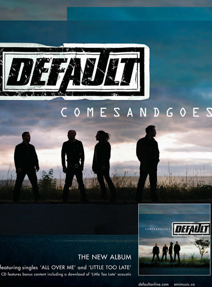 Album release poster Band Default all four member standing in long shot in silhouette in grass field cloudy white blue and pink sky behind them
