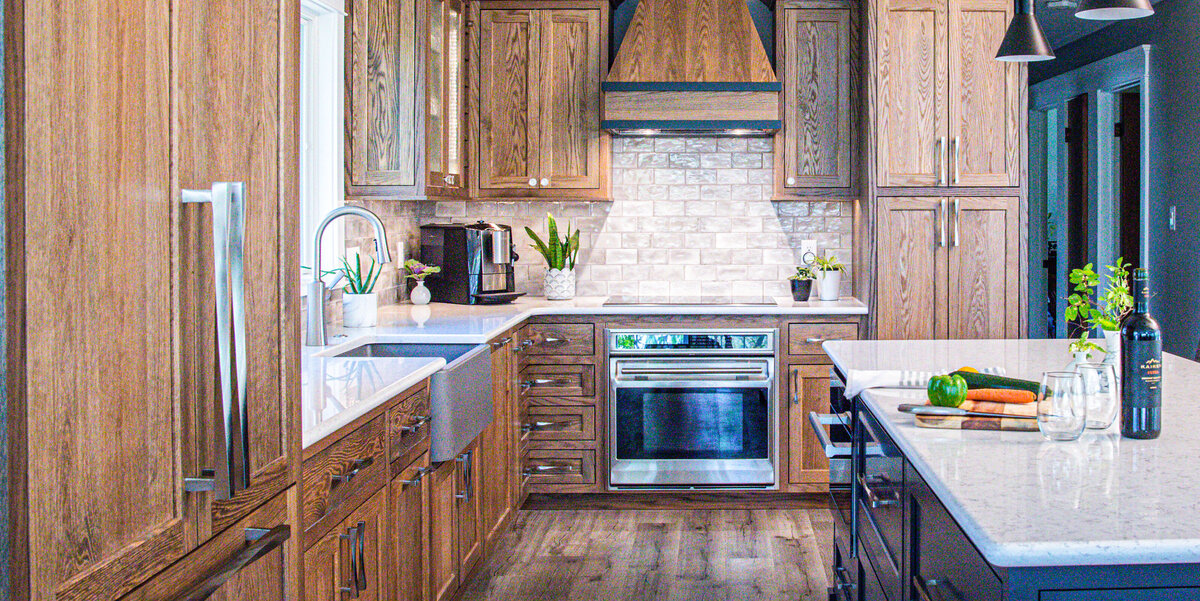 blue and red oak cabinets