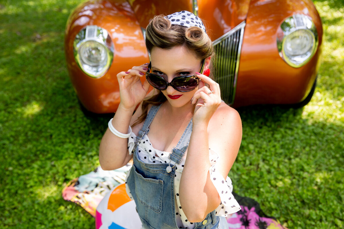 goddess studio boudoir woman jackie o sunglasses beach day pinup style special olf ford overalls pinup hair