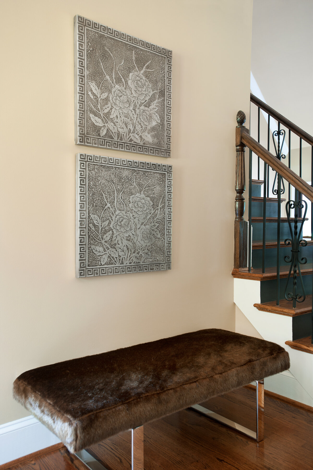 Panageries Residential Interior Design | Transitional Suburban Haven Front Door Bench with Art