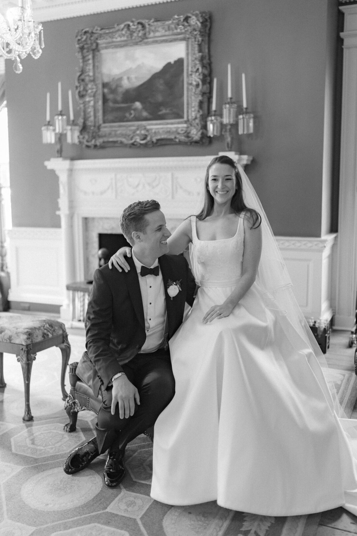 Newlyweds at William Aiken House immediately after the wedding ceremony.  Black and white wedding photos. Kailee DiMeglio Photography.