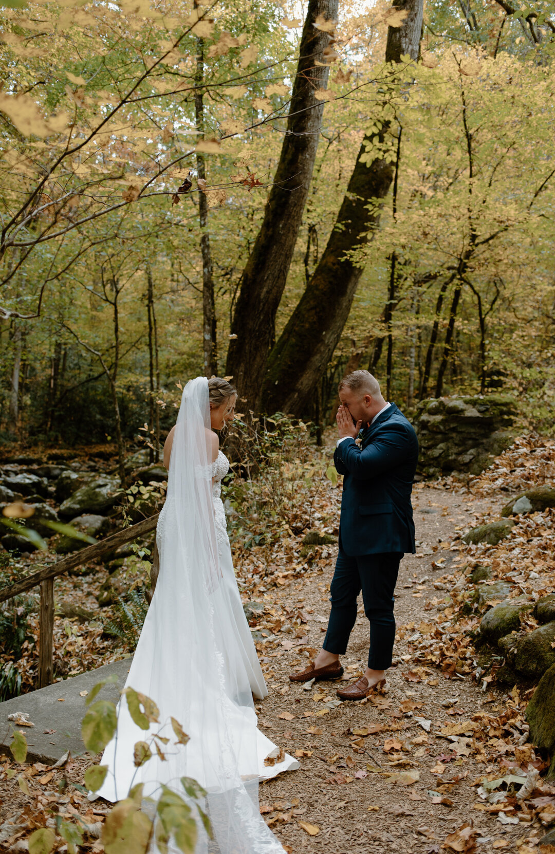 Bride and groom first look at their Smoky Mountain elopement in Tennessee.