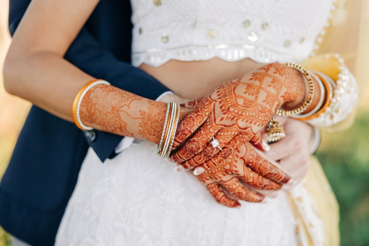 A close-up of a bride adorned with detailed henna designs on her hands, wearing traditional bangles and a white ornate dress.