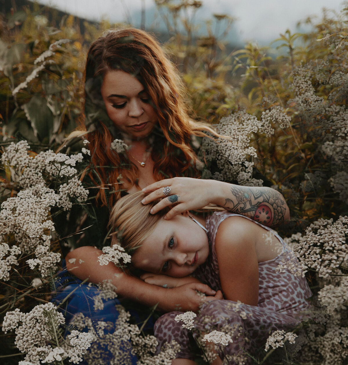 double exposure of mom and daughter hugging
