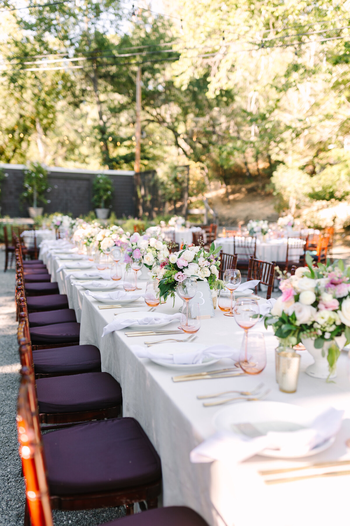 elegant reception tables at napa wedding with soft florals and delicate glassware.