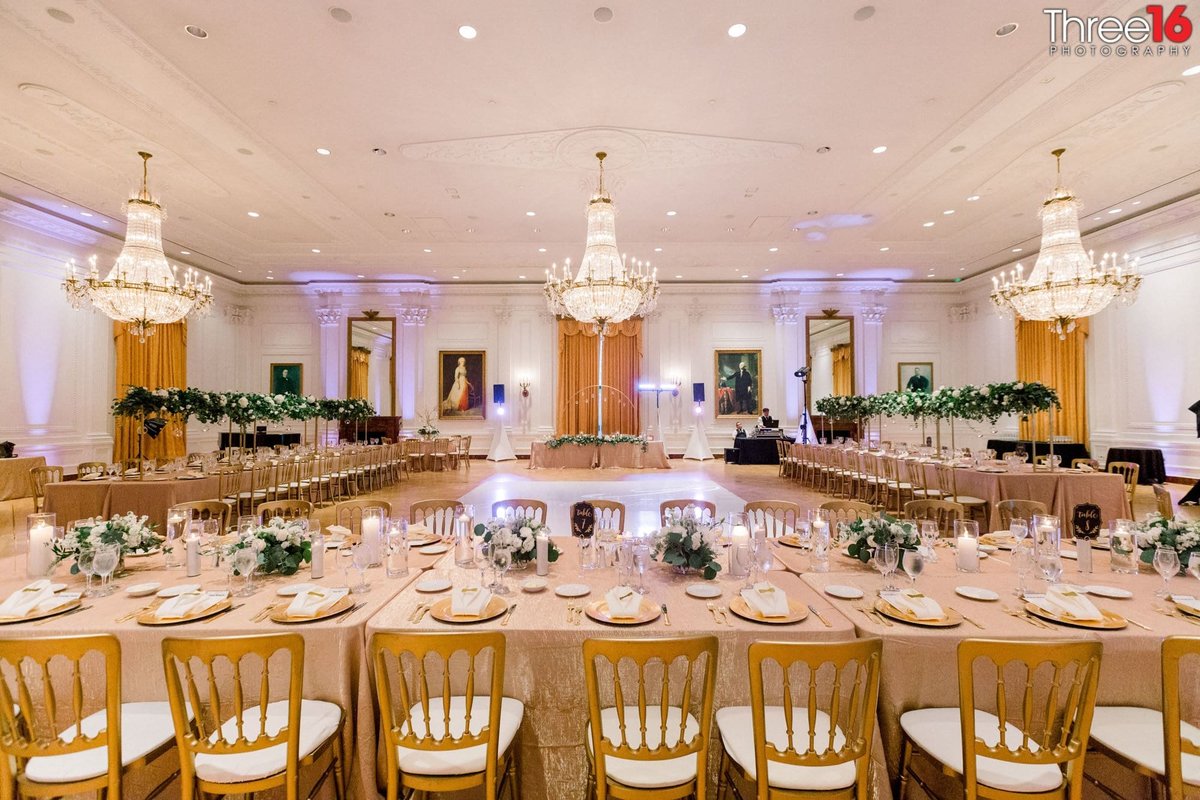 Richard Nixon Library room is setup for an elaborate wedding reception