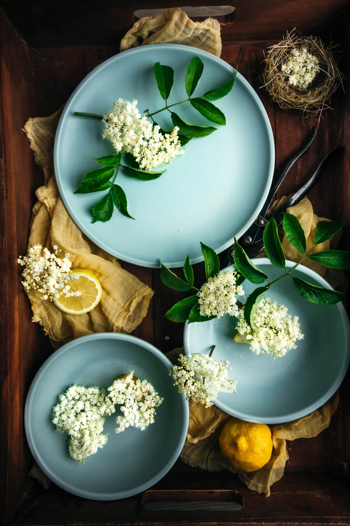 White elderflower blossoms on light blue shallow plate with lemons and yellow napkins in wooden crate