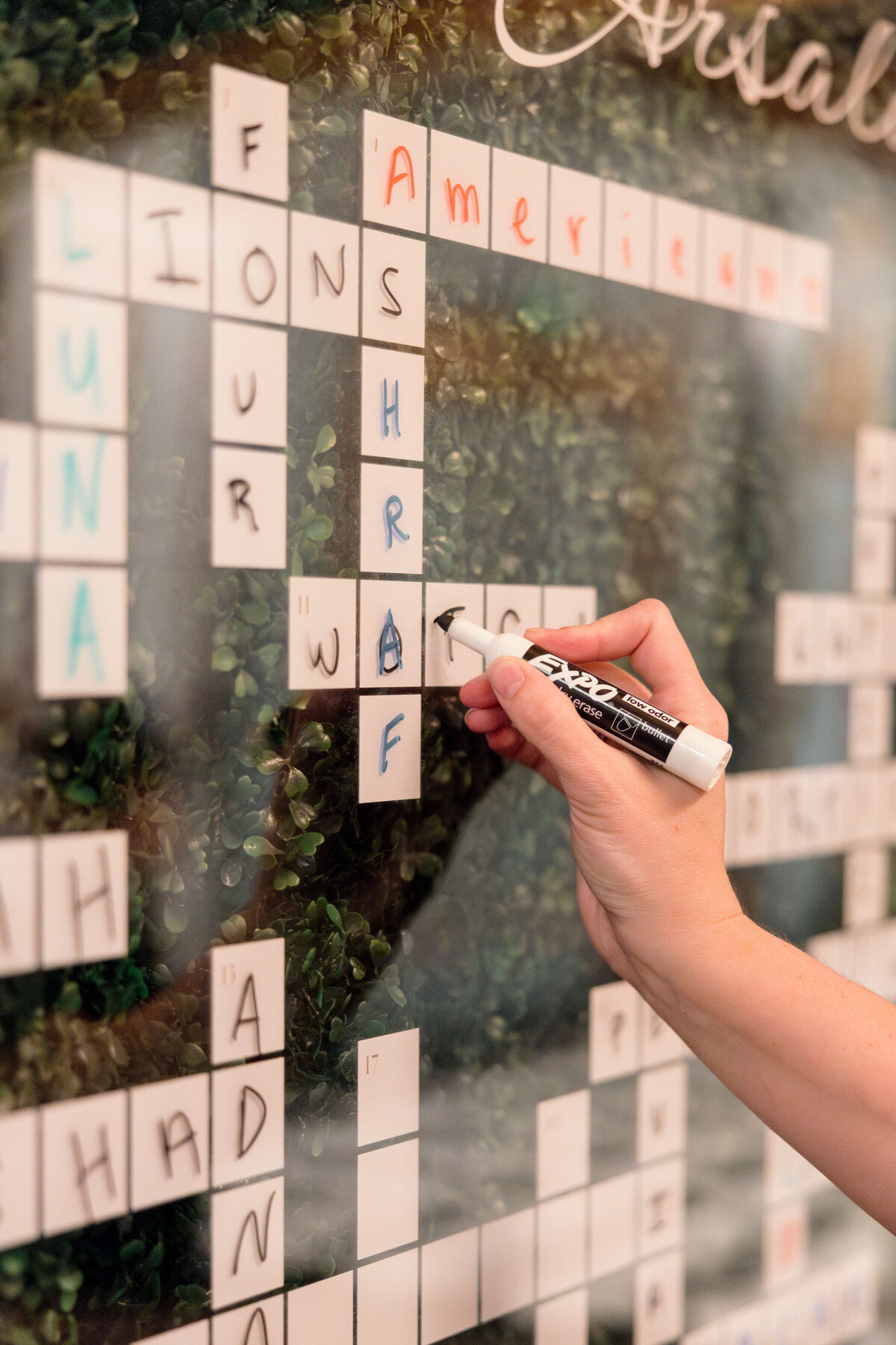 A hand holding a black marker writes on a large crossword puzzle displayed on a vertical surface. The puzzle features words such as LIONS, FOUR, and SHRAP. The background appears to be a leafy, green wall.