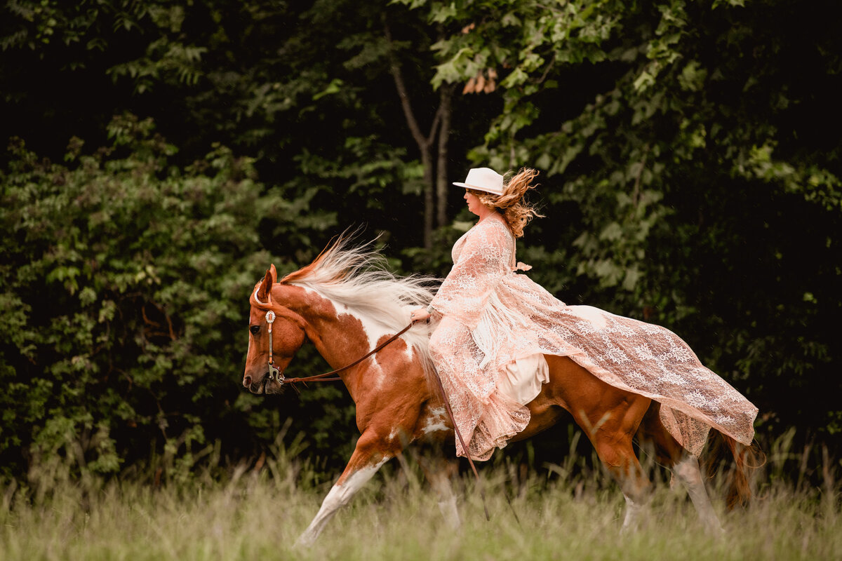 Woman wearing gorgeous flowing dress loping her horse through a field in Tallahassee, FL at Gray Lily Farm