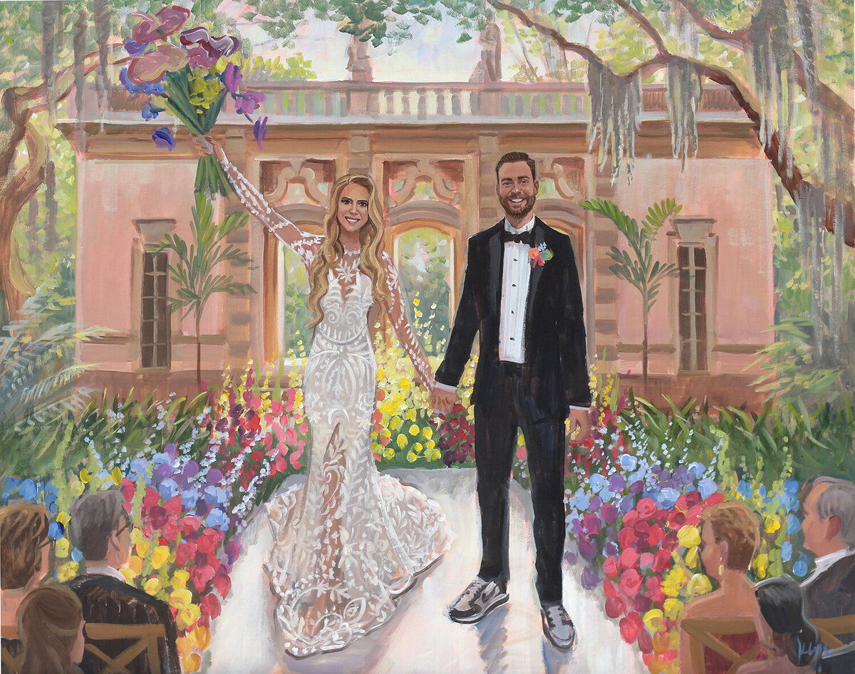 Vizcaya Museum and Gardens live wedding painting by painter Ben Keys  in Miami, Florida.  Luxury wedding with colorful flowers.
