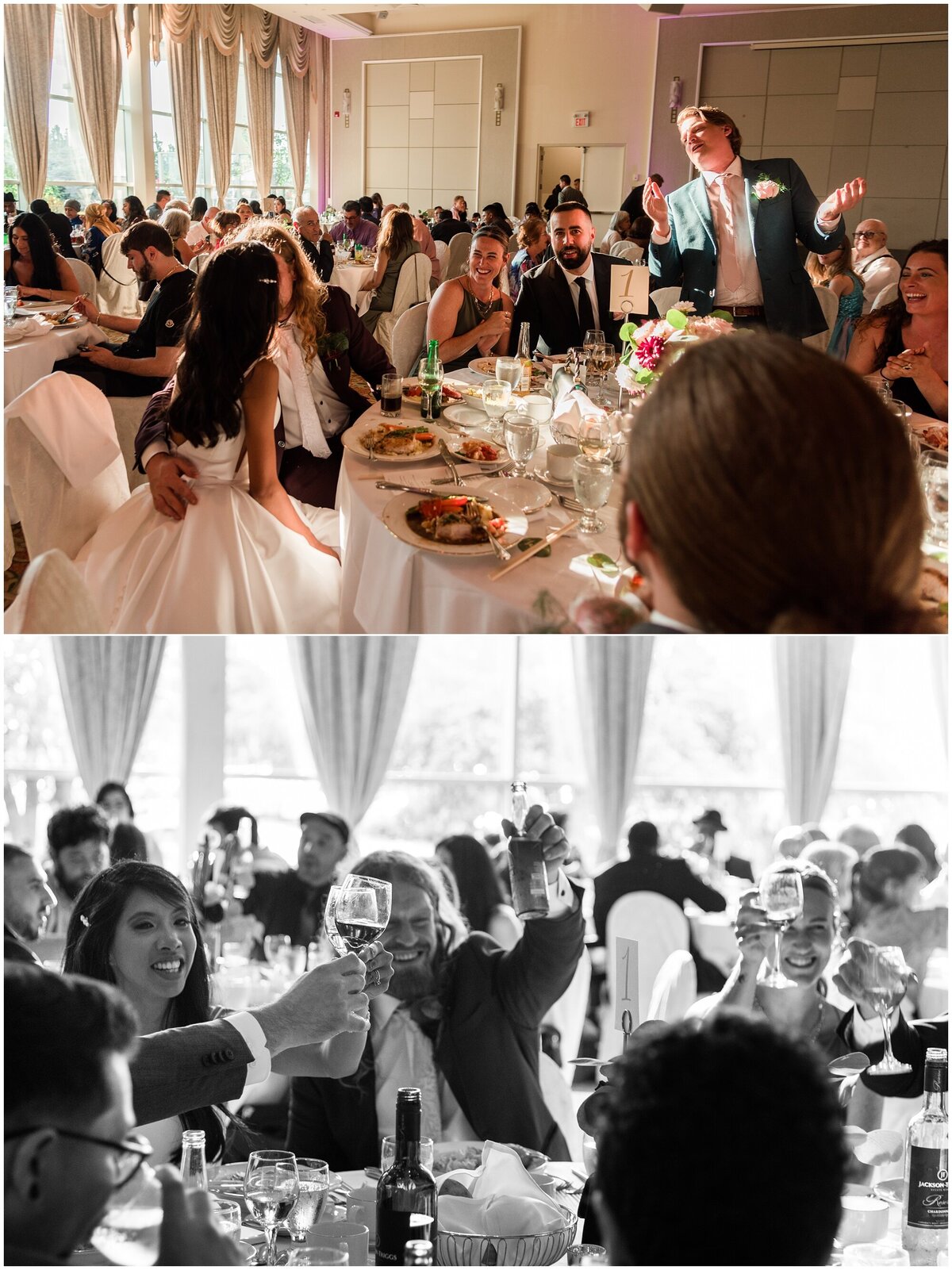 Photograph of the bride and groom kissing and toasting during reception