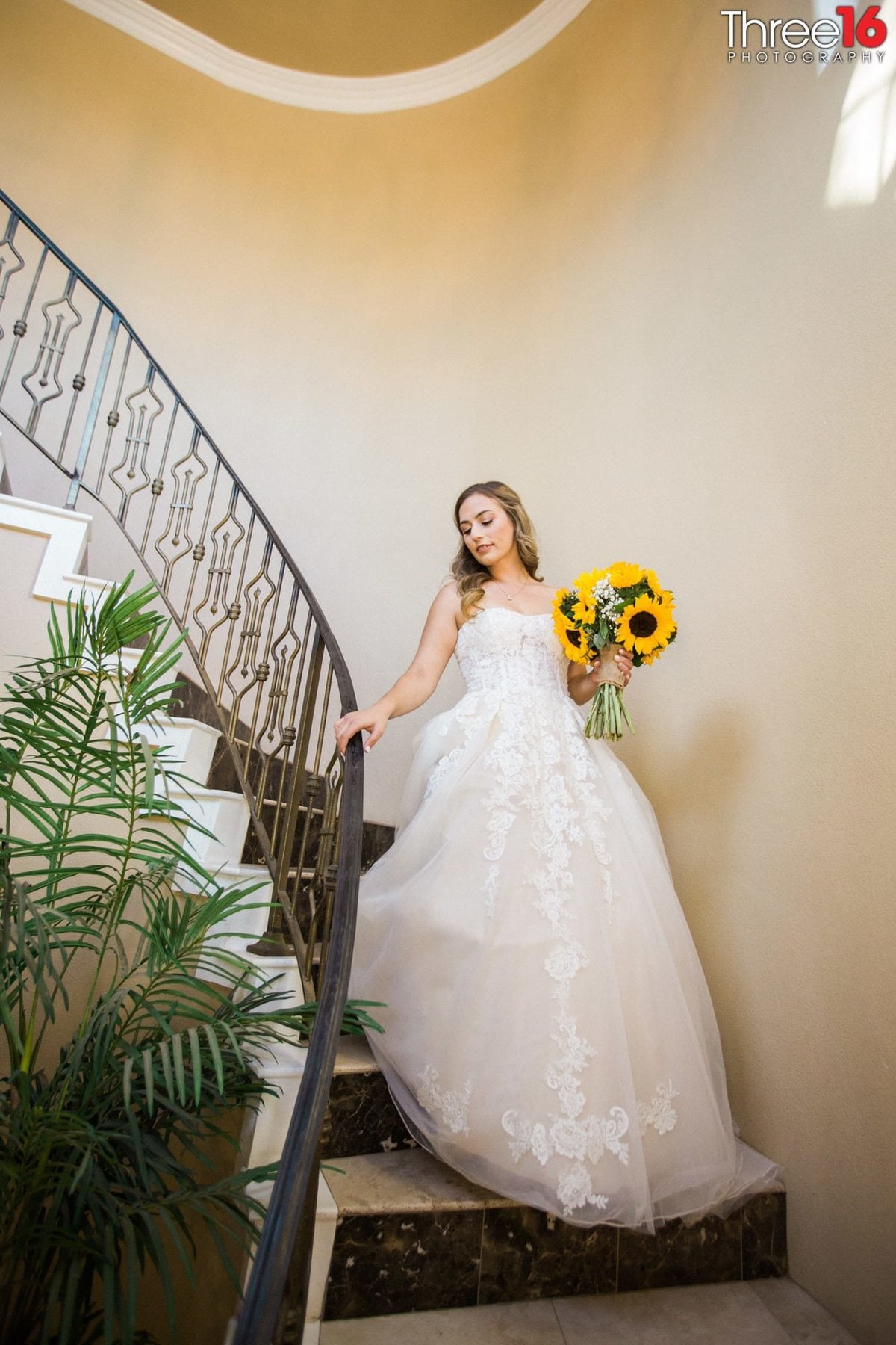 Bride makes her way down the spiral stairs with her sunflower bouquet in her left hand