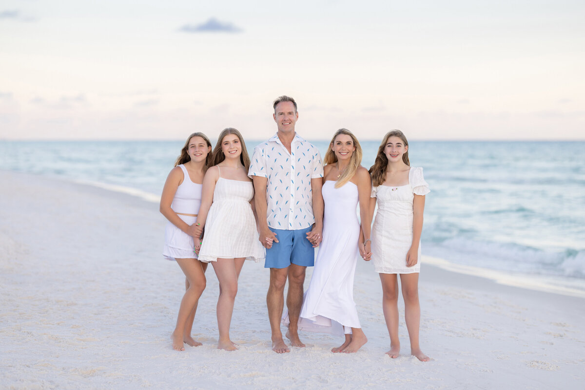 A family holding hands and standing at the beach