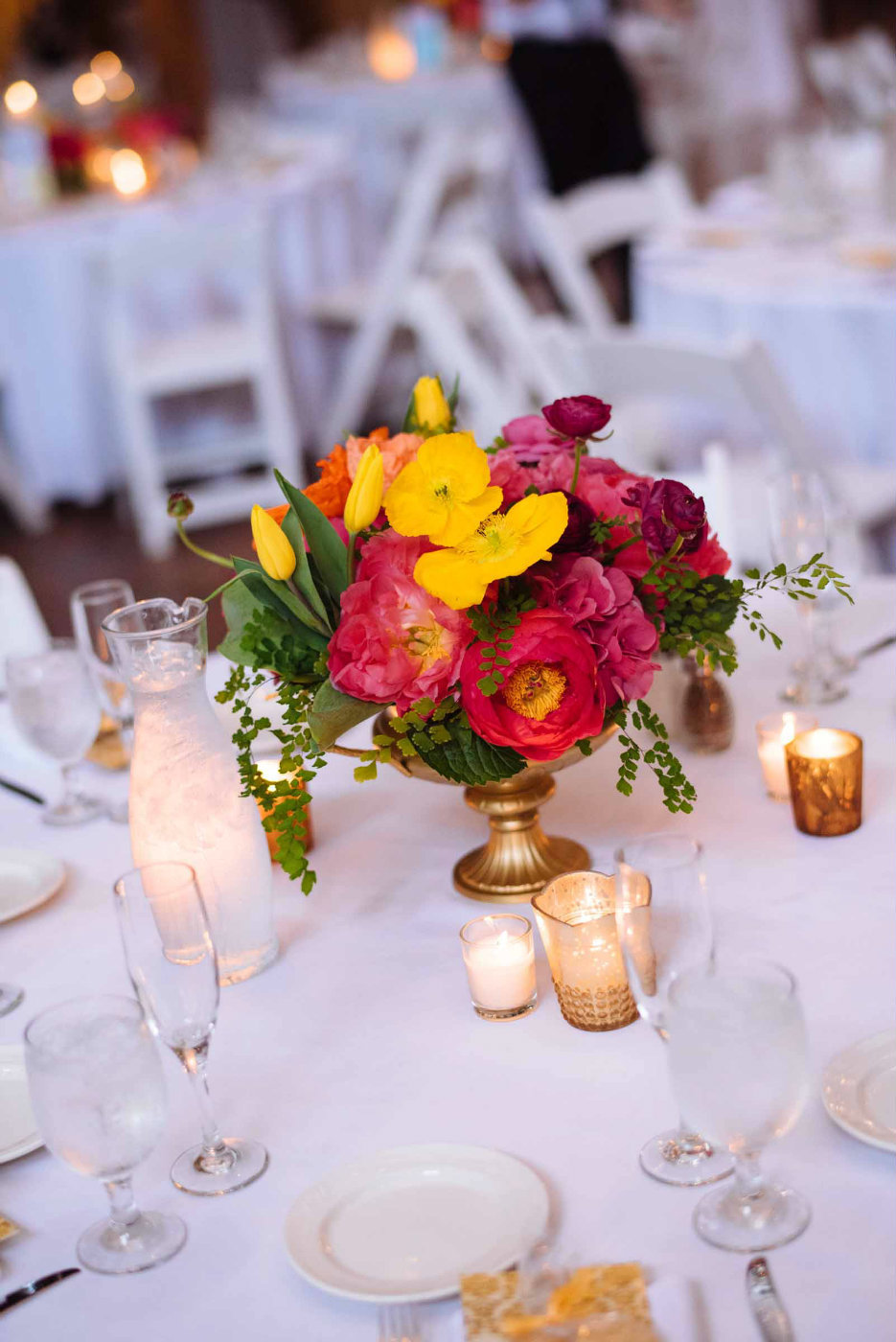 Low gold urn flowers with coral charm peonies, maidenhair fern and poppies are so bright and happy!