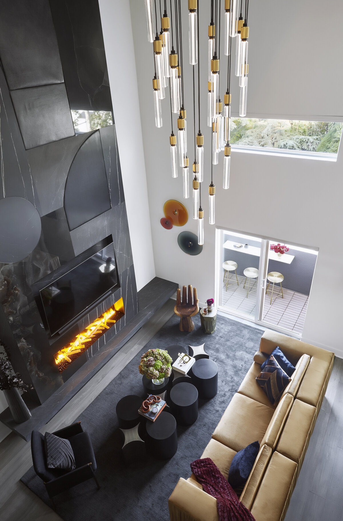 Vertical View of Modern Black & White Living Room With Classy chandelier