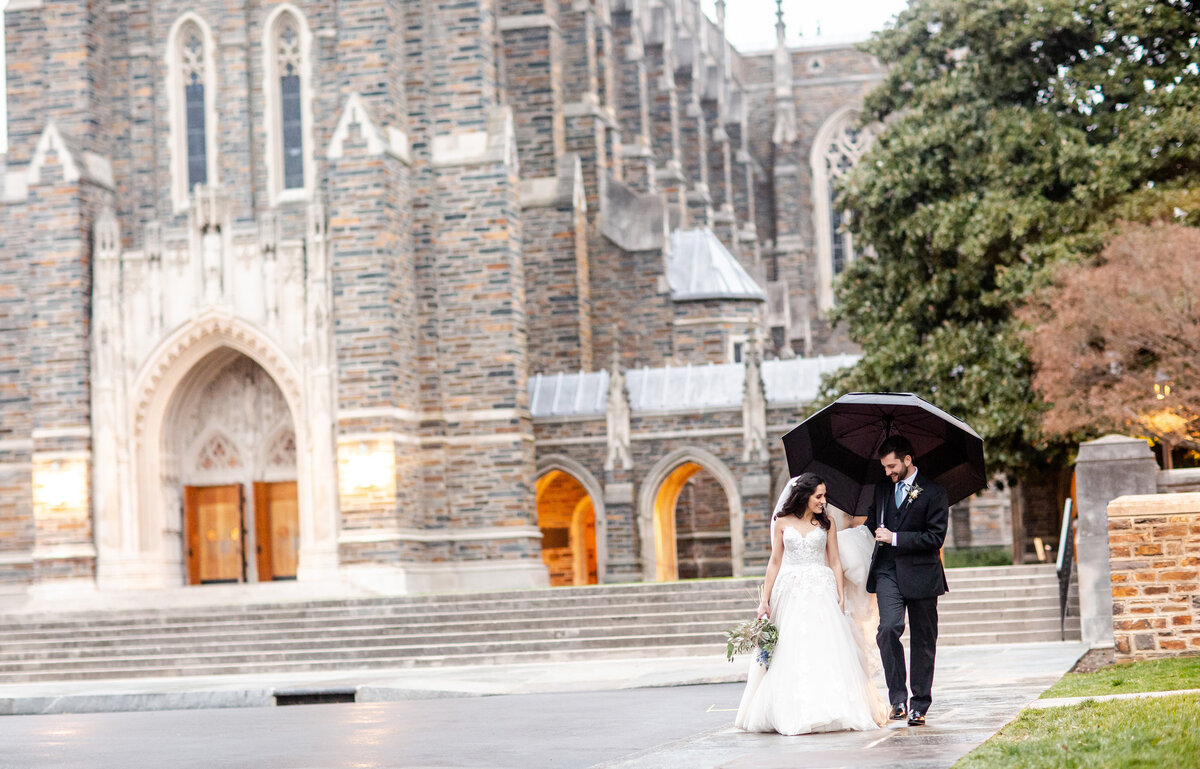 A rainy wedding day at Duke University Chapel