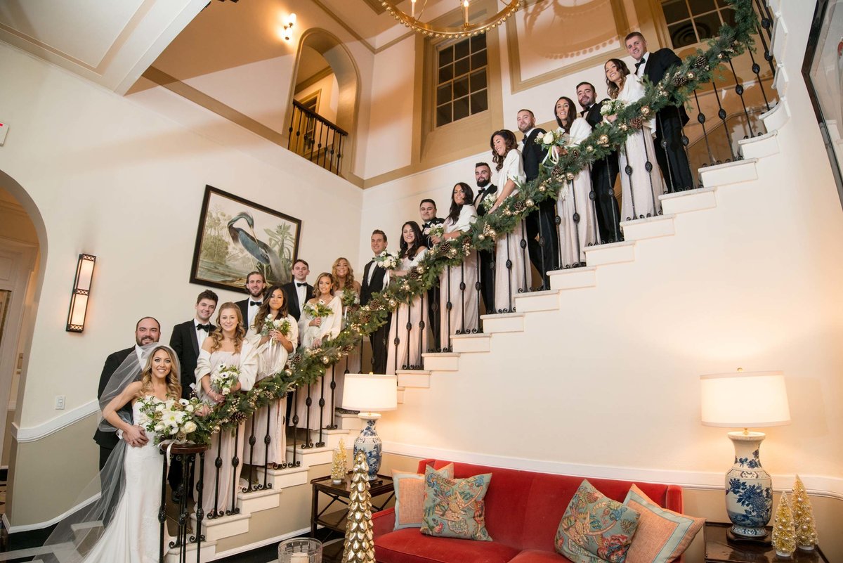 Bridal party on the stairs of The Mansion at Oyster Bay