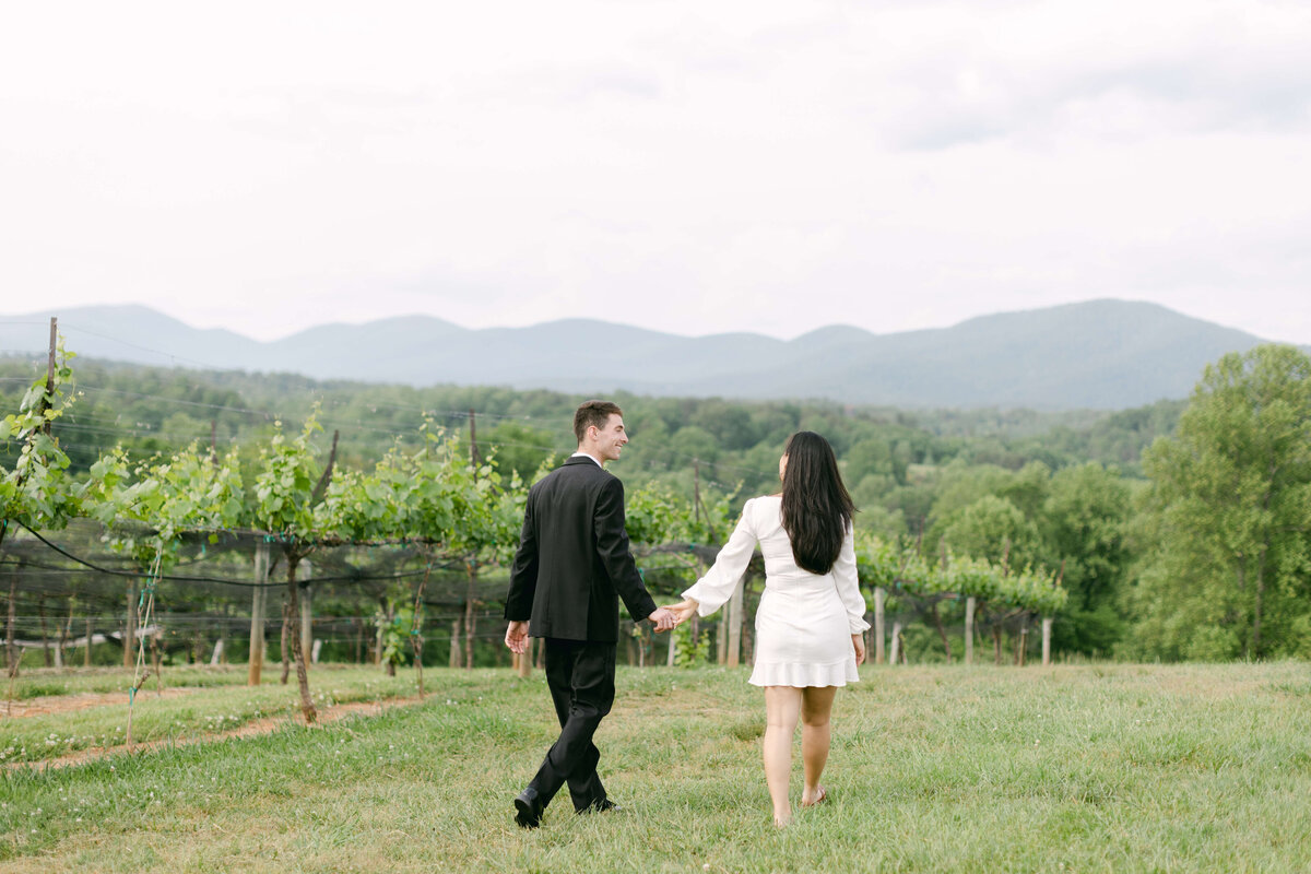 A bride and groom stand in a field at a vineyard.