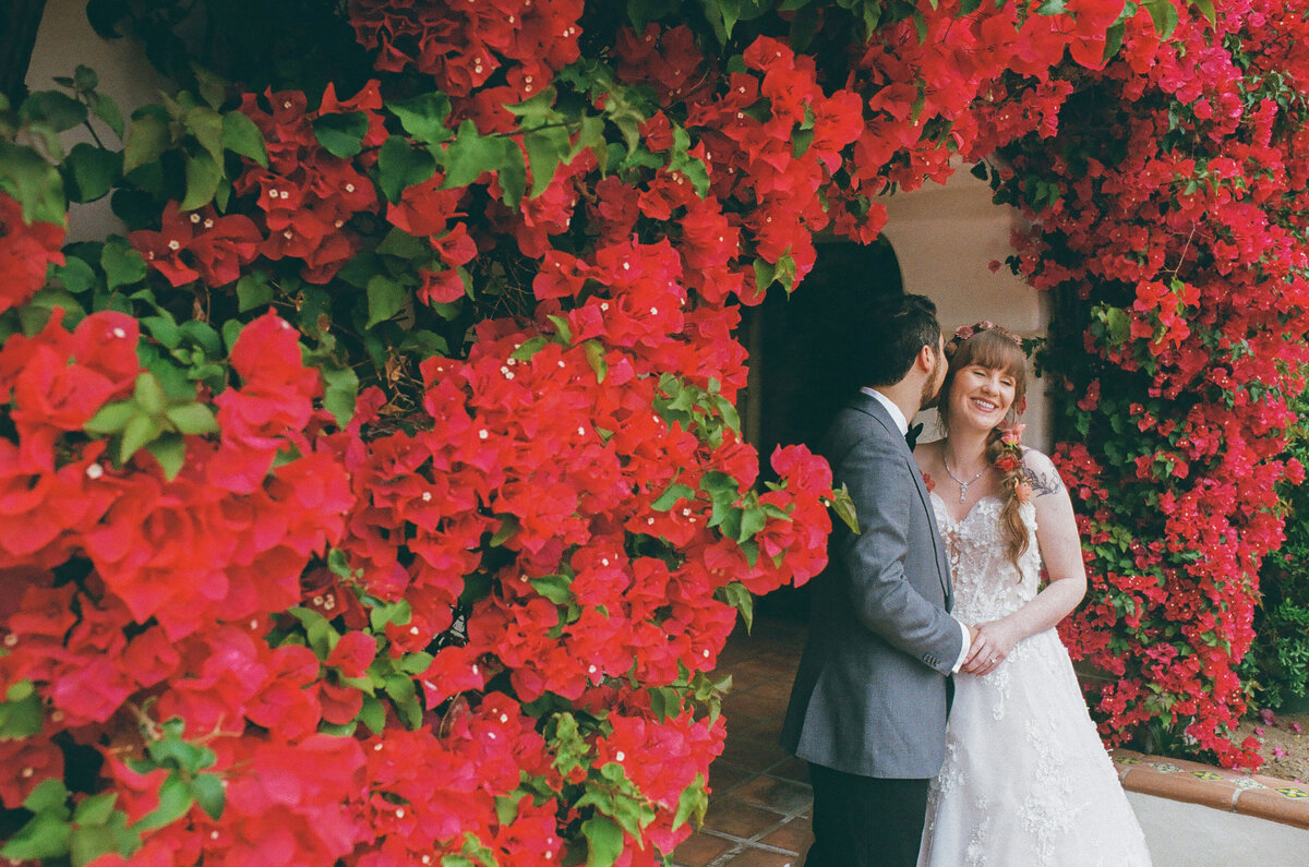 A couple standing under an arch of flowers.
