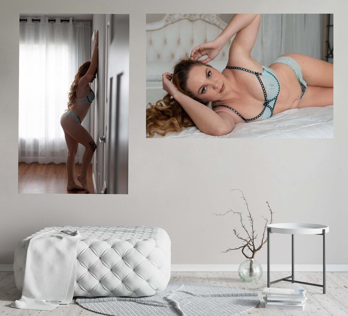 Two canvas hanging on the wall of the same woman. One canvas is of her standing and leaning against a wall and the other is she is laying on her side in bed. Both photos she is wearing a light blue bra and panty set.