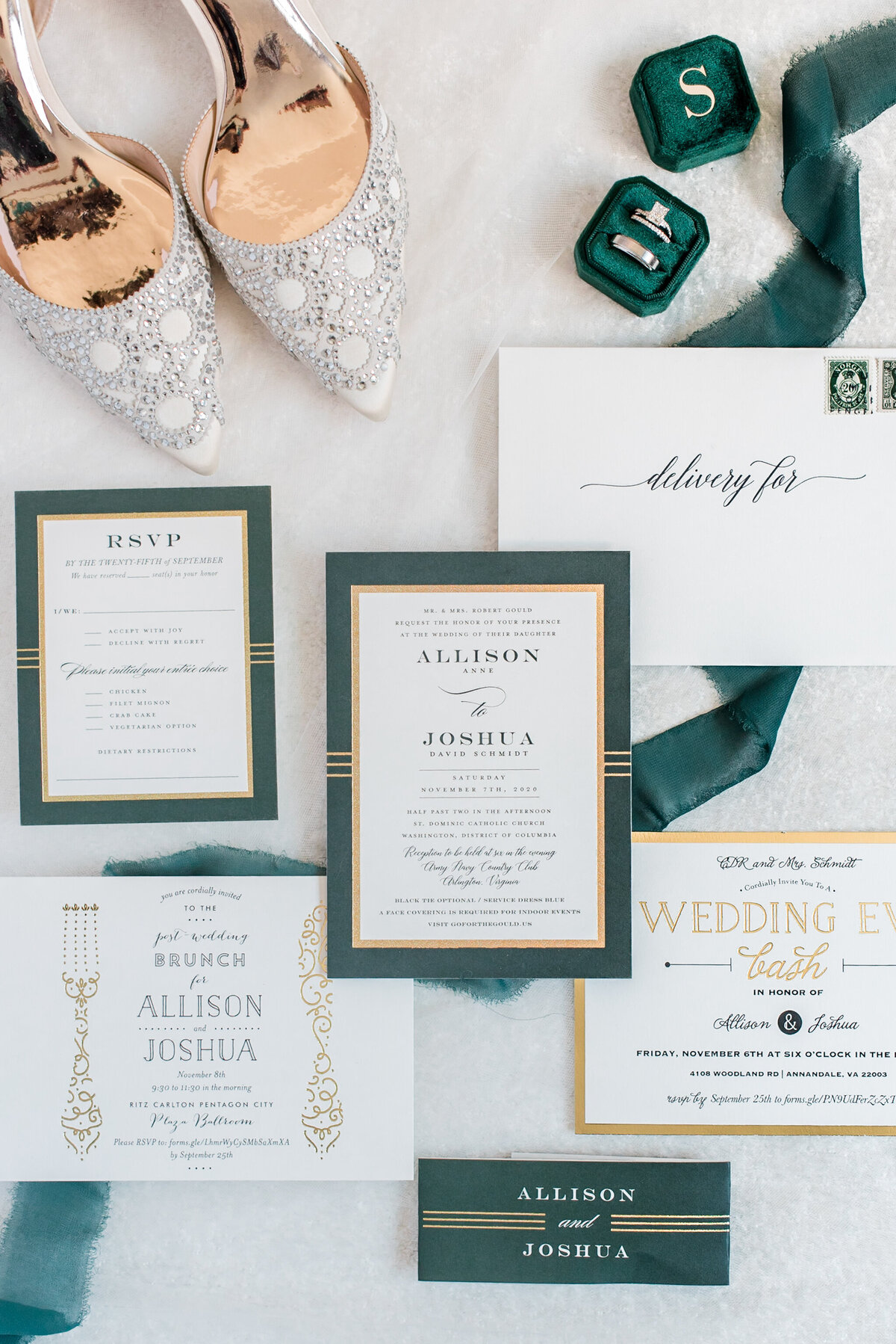 emerald green  and gold classy invitation suite