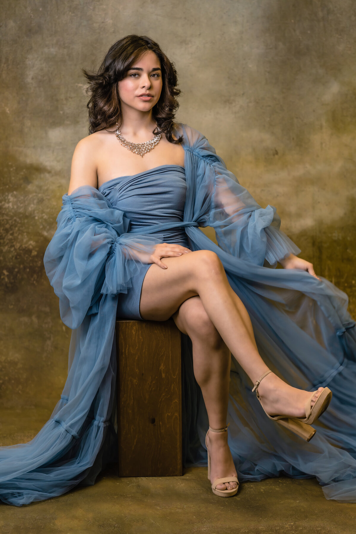 White Female Blue Flowing Dress Fashion Portrait