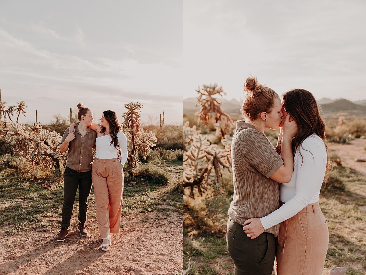 couple embrace in the desert for their engagement photos