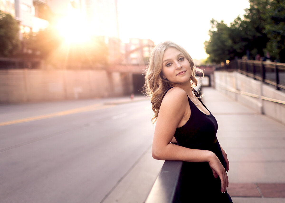 stunning-teen-girl-blonde-little-black-dress-downtown-photo-shoot-city-sunflare-street-bridge-denver