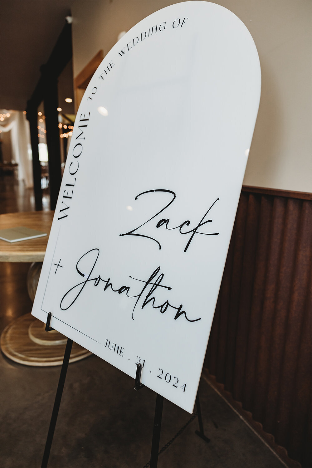 Acrylic welcome sign for mountain sage wedding at Camelot Ranch.